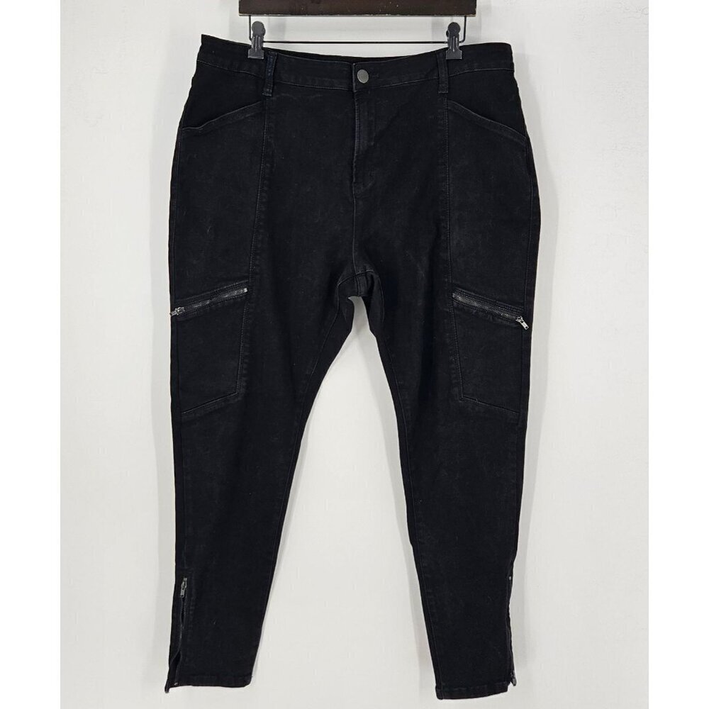 City Chic Womens Sz 20 Black Straight Leg Stretch Jeans High-Rise Zip Pocket/Hem